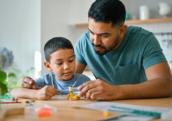 Obraz premium Father assisting his son in assembling a toy, fostering quality time and learning through play