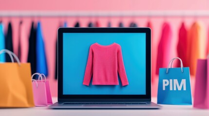 Online shopping event featuring colorful apparel home office setup product display engaging environment modern concept