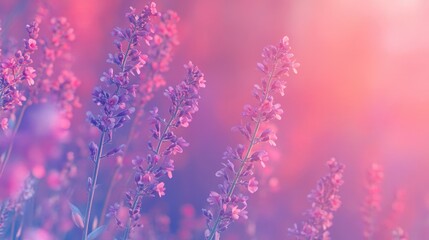 Obraz premium Vibrant pink and violet wildflowers blooming in a colorful meadow, creating a stunning natural backdrop with soft, dreamy lighting.