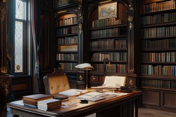 side view, books in library, desk with books, high resolution photography 