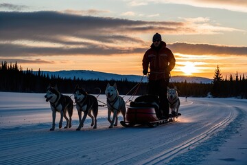 Dog Sledding at Sunrise with Huskies and Musher in Stunning Winter Scenery