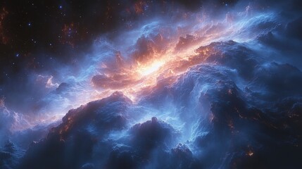Stunning Cosmic Nebula with Bright Fiery Highlights Against a Dark Starry Background Showcasing the Wonders of Deep Space and Astronomical Beauty