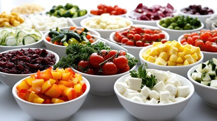 Colorful assortment of fresh vegetables and cheeses in bowls arranged on a table, creating an inviting culinary display filled with vibrant hues.