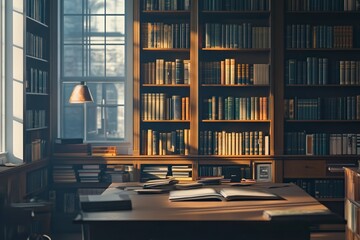 side view, books in library, desk with books, high resolution photography 
