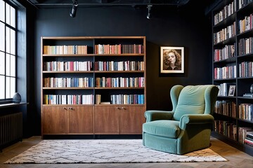 Fototapeta premium Chic Bookcase and Oversized Armchair in Trendy Loft Library Setting