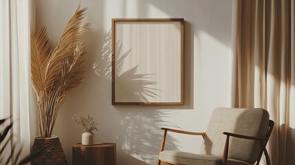 Sunlight streams into a minimalist room, illuminating a beige armchair, a dried palm arrangement, and a blank frame. A serene and stylish interior.
