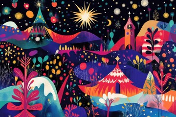 A vibrant, whimsical landscape with colorful mountains, trees, and a starry night sky.