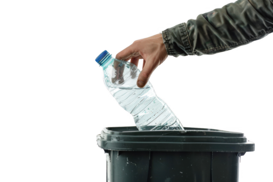 Recycling action hand disposing plastic bottle into trash bin indoor environment awareness concept for sustainability