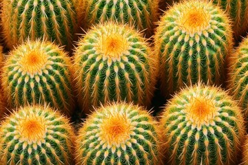 Fototapeta premium Barrel Cactus - Beautiful Desert Garden Botanical Background with Closeup of Golden Cactaceae