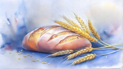Freshly baked bread with wheat ears in a soft watercolor style illustration