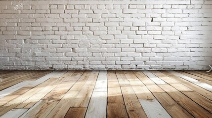 Fototapeta premium Vintage Interior Room with White Brick Wall and Wooden Flooring
