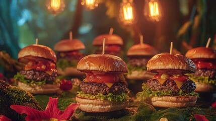 Delightful mini burgers garnished with fresh lettuce, cheese, and tomato, set against a whimsical forest backdrop with glowing lights.