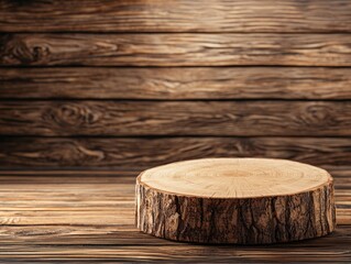 A wooden log slice sits on a rustic wooden table, showcasing natural textures against a warm wooden backdrop.