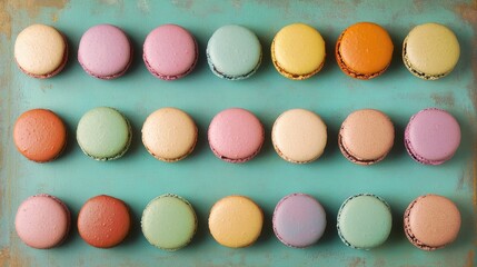 Obraz premium Colorful almond macarons arranged in neat rows on a turquoise surface, showcasing pastel shades of pink, yellow, green, and orange.