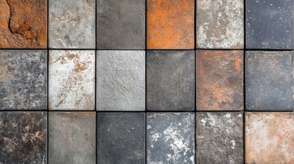 Naklejka premium Vintage patchwork tiles in earthy gray and brown tones forming a textured shabby stone and concrete wall, perfect for backgrounds or banners