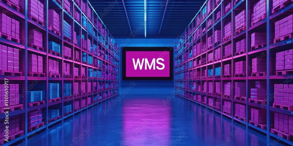 Poster warehouse management system dashboard displaying wms text in a high-tech storage environment
