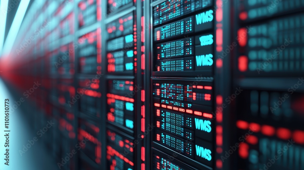 Poster warehouse management system interface overview data center technology digital environment close-up v