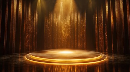 Elegant dance stage with a central golden spotlight illuminating a circular platform, surrounded by a dark backdrop and soft golden light accents.