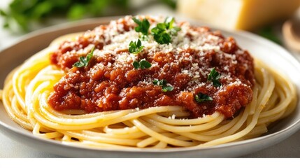 Fototapeta premium Aromatic spaghetti topped with rich tomato sauce and grated cheese, beautifully presented on a plate with fresh herbs and a light background.