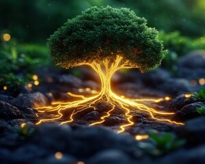 A luminous tree with glowing roots connecting to dynamic pathways, symbolizing progress and growth This captivating image showcases a vibrant, illuminated tree, its roots radiating golden light