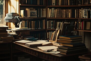 Fototapeta premium side view, books in library, desk with books, high resolution photography 