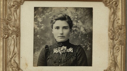 Vintage black and white portrait of a young woman in a formal dress, framed with ornate detailing, featuring a serious expression against a blurred background.