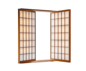 Elegant wooden shoji door with translucent panels, inviting soft light into a serene space. Isolated on transparent white background, png