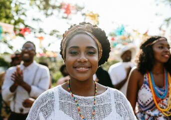 Young black woman smiling at a summer festival, with friends clapping and celebrating in the background