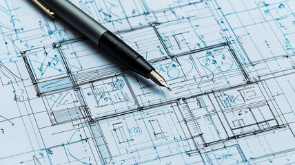 detailed view of pen resting on architectural blueprints, showcasing intricate designs and measurements. sketch highlights precision and creativity involved in planning spaces