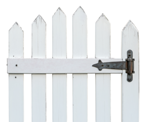 Close-up of a white wooden picket fence gate with a rustic lock and hinge. Isolated on transparent white background, png
