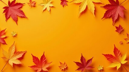 Colorful autumn leaves and seasonal decorations arranged on a bright orange background
