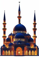 Fototapeta premium Illuminated mosque, multiple domes, minarets.