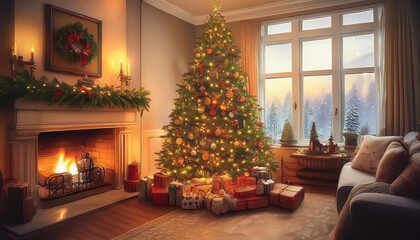 Cozy living room with a beautifully decorated Christmas tree, a roaring fireplace, stockings hanging.- Snowy winter out of window