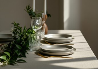 Tastefully arranged table setting with grey plates, golden cutlery, and a centerpiece of fresh greenery creates a sophisticated ambiance