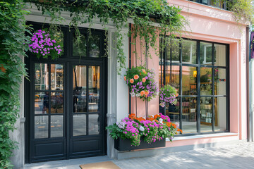 Elegant Pink Boutique Exterior with Flower Decorations and Large Windows on a Sunny Day