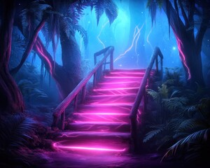Journey into the Cosmos A Radiant Staircase Ascending into a Mystical Cosmic Forest, Bathed in Glowing Trails of Infinite Possibilities, Leading to Uncharted Realms of Wonder and Adventure, Where