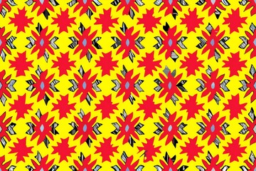 A yellow and red patterned background with black and white flowers