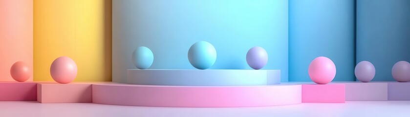 A vibrant, minimalist scene featuring colorful cylindrical shapes and spheres, creating a playful, modern aesthetic.