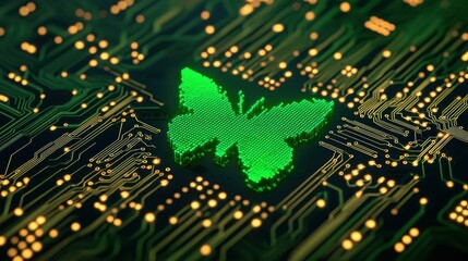 Obraz premium Green Butterfly Tech Icon on Circuit Board Digital Nature Innovation and Sustainability
