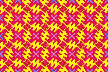 A colorful pattern of flowers and squares in a red background