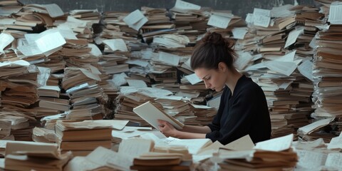 A thoughtful and intellectual scene of a woman deep in research, writing about the achievements of women, surrounded by piles of books and papers, capturing the importance of preserving history.
