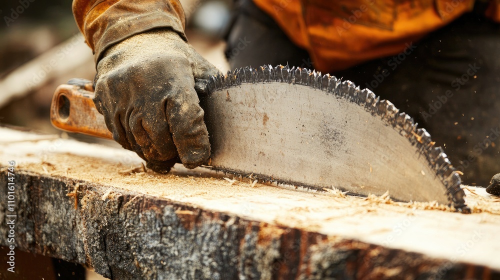 Poster A close-up of a construction worker's hands guiding a sharp saw through lumber, showcasing strength and precision in a rugged construction setting