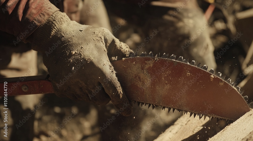 Poster A close-up of a construction worker's hands guiding a sharp saw through lumber, showcasing strength and precision in a rugged construction setting