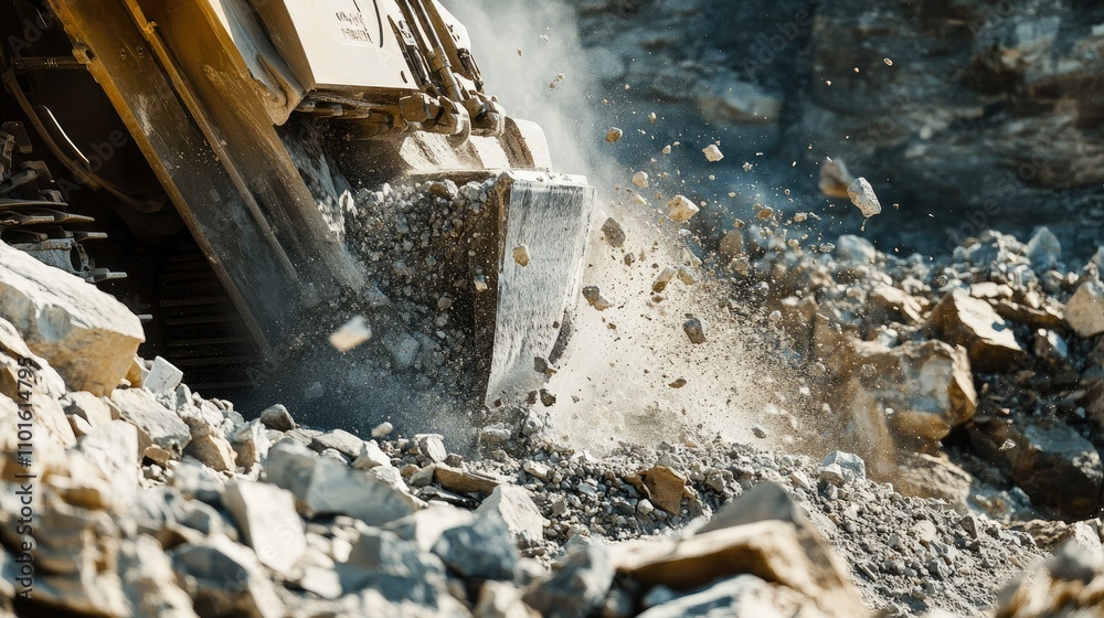 Aufkleber A close-up of a crushing machine in motion, with large chunks of stone being fed into its jaws in an expansive, rocky quarry.