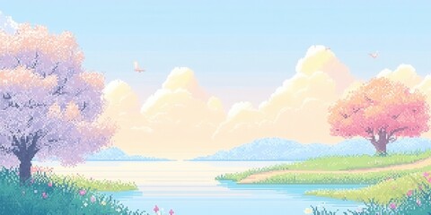 Fototapeta premium A serene landscape featuring cherry blossom trees by a tranquil lake under a clear sky.