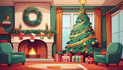 Living room with a fireplace and a Christmas tree. The tree is decorated with lights and ornaments. There are also presents under the tree