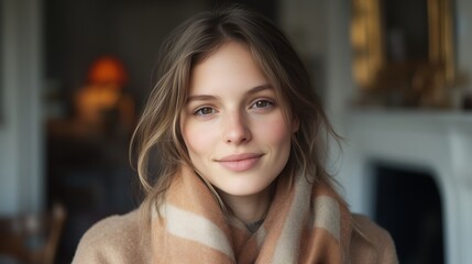 Fototapeta premium Young woman smiling warmly indoors wearing a cozy scarf in a softly lit environment