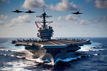 Impressive Aerial View of Military Aircraft Carrier and Fighter Jets in Action During Naval Mission