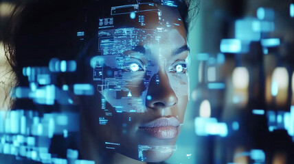 digital animation of woman face with glowing data overlays, showcasing technology and innovation. futuristic design highlights integration of human features with digital elements