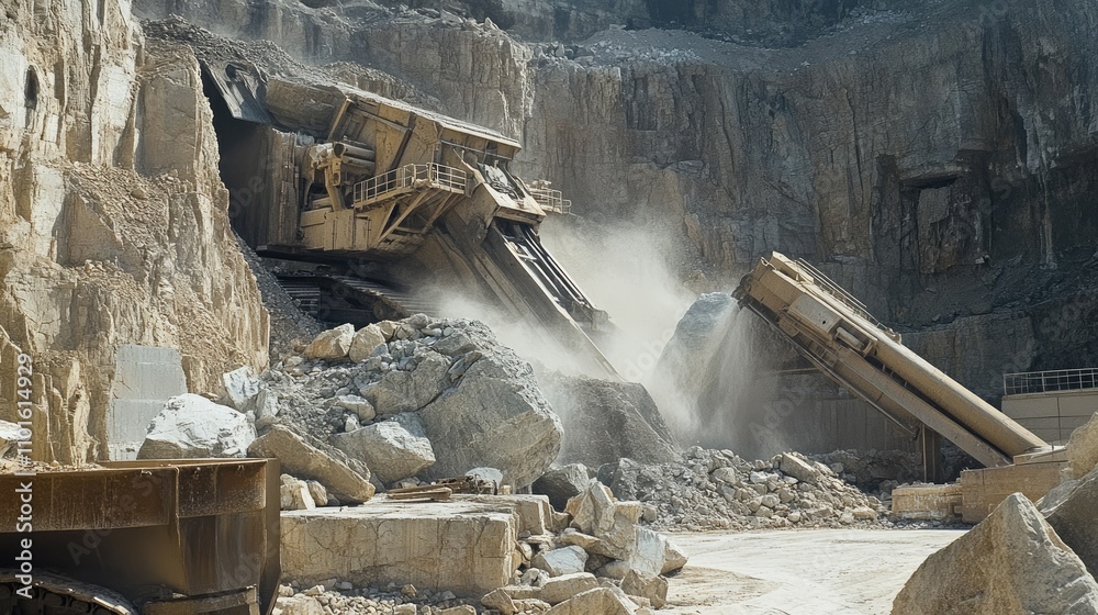 Poster A close-up of a crushing machine in motion, with large chunks of stone being fed into its jaws in an expansive, rocky quarry.